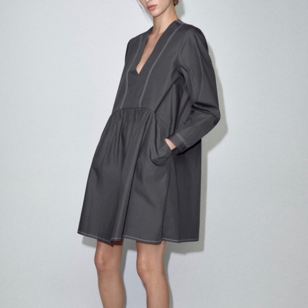 ZARA WOMAN ESPECIAL EDITION TOPSTITCHED MINI DRESS SIZE S COLOR GREY NWT